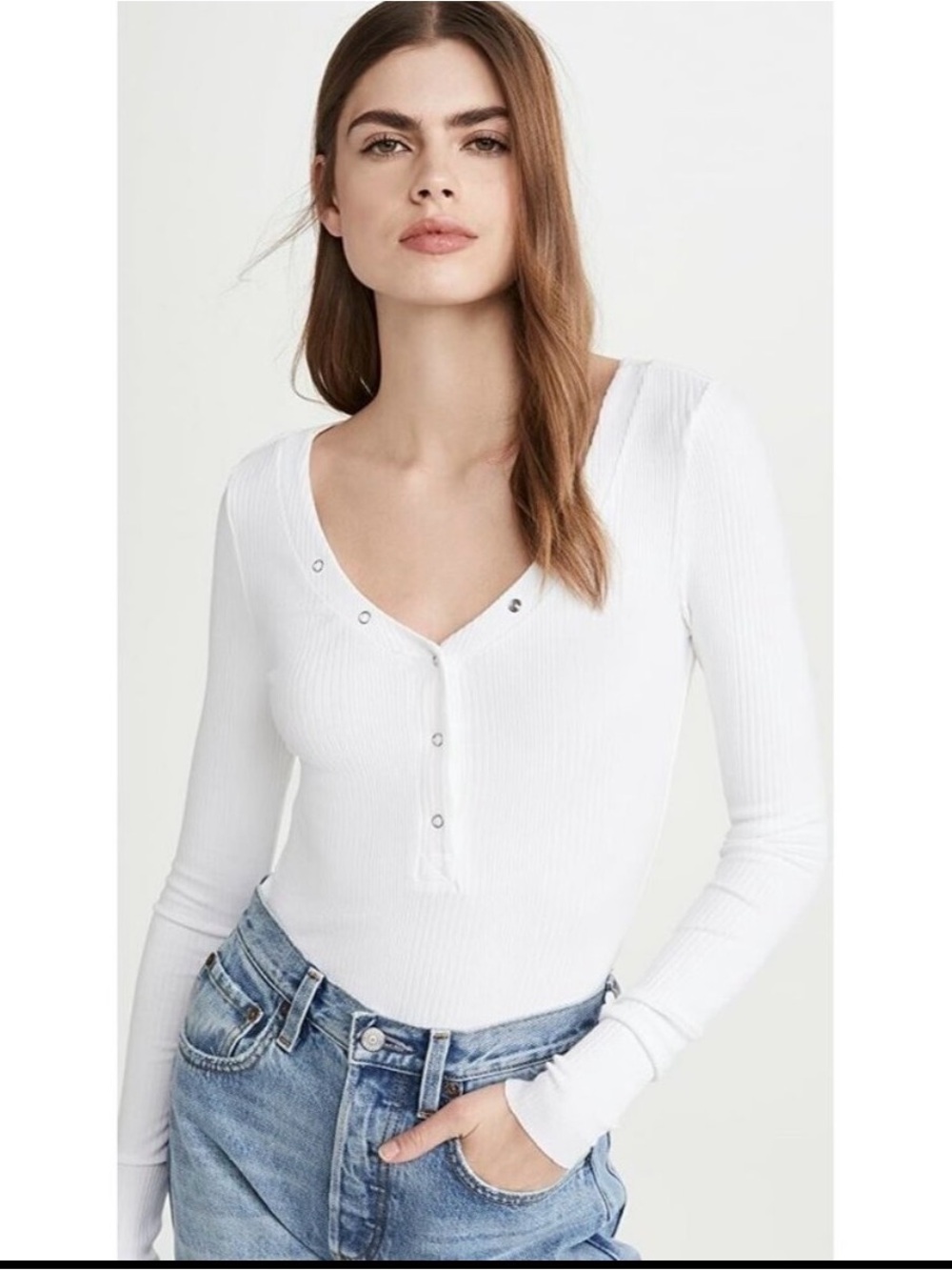 The Range Division Rib Snap Deep V Henley Long Sleeve White SZ Medium M